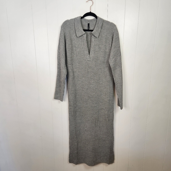 Staple The Label Ribbed Knit Gray Polo Sweater Dress Long V-Neck Size XL Office - Picture 2 of 10